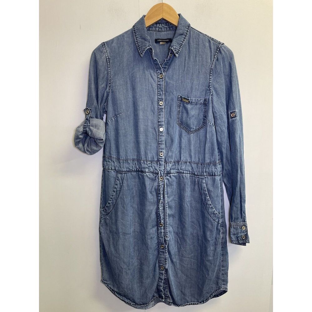 Tommy Hilfiger Women's 6/S Chambray Shirt Dress‎ Button Up Roll up Long Sleeve